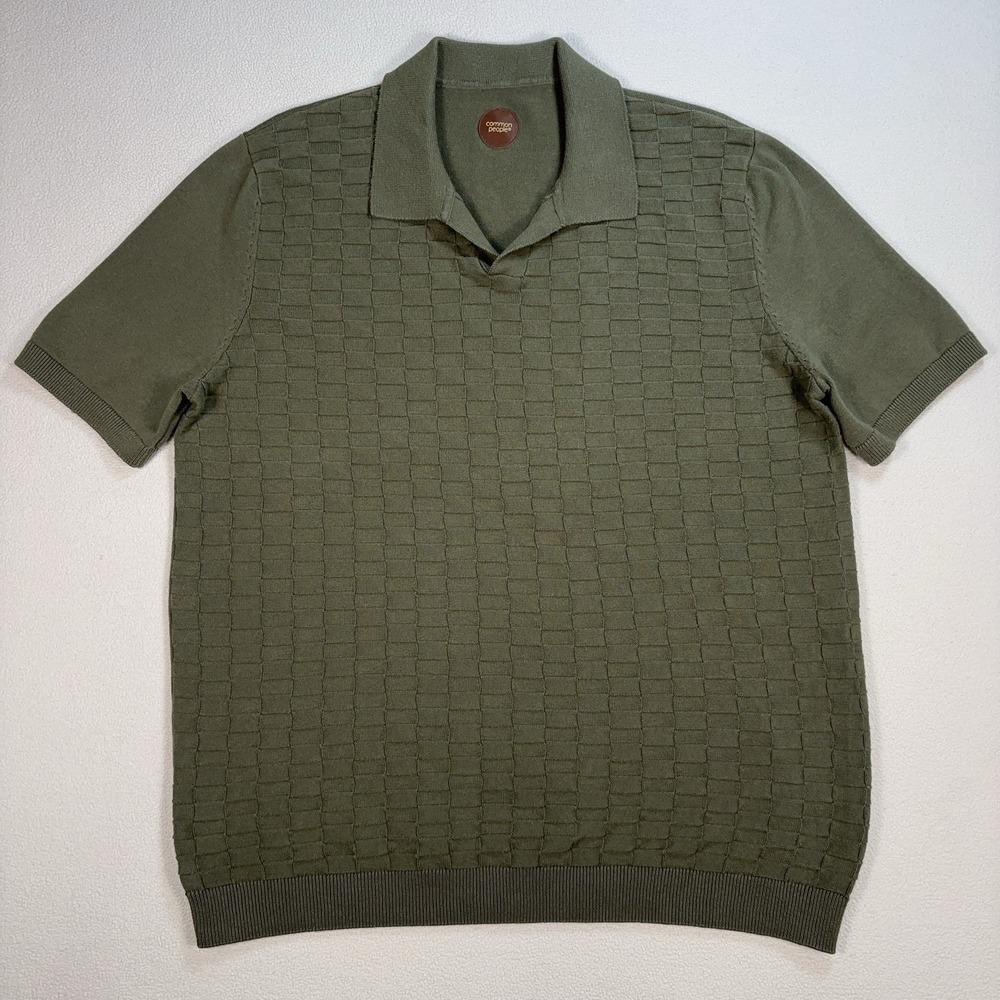 Common People Texture Knit Polo Men's L Green Johnny Collar 100% Cotton Resort